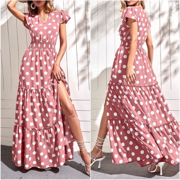 Boho Mustard Yellow Polka Dot V neck Ruffle Maxi Dress - Picture 10 of 10